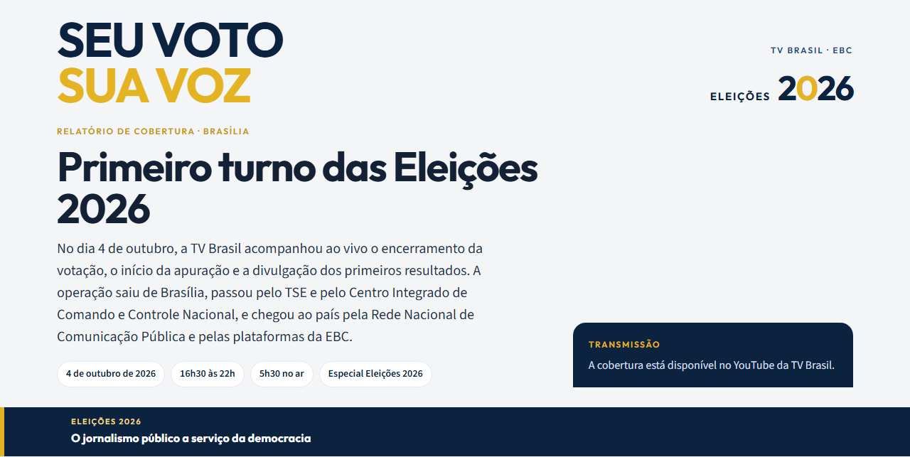 Capa do relatório de cobertura do primeiro turno das Eleições 2026, produzido pela ON7 para a TV Brasil.
